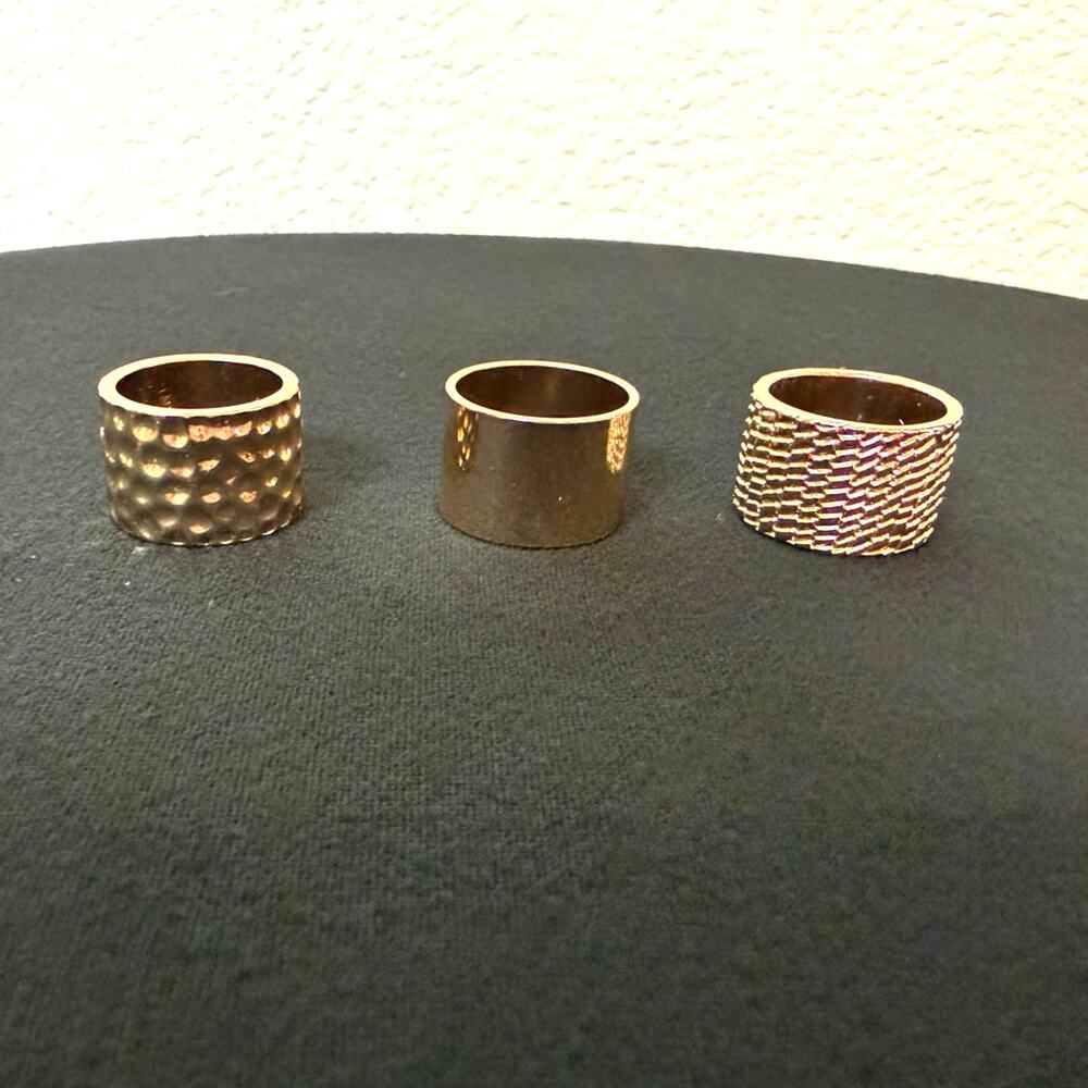 Gold Geometric Ring Set Textured Band Cutout Rhinestone Stacking Rings - Picture 3 of 11